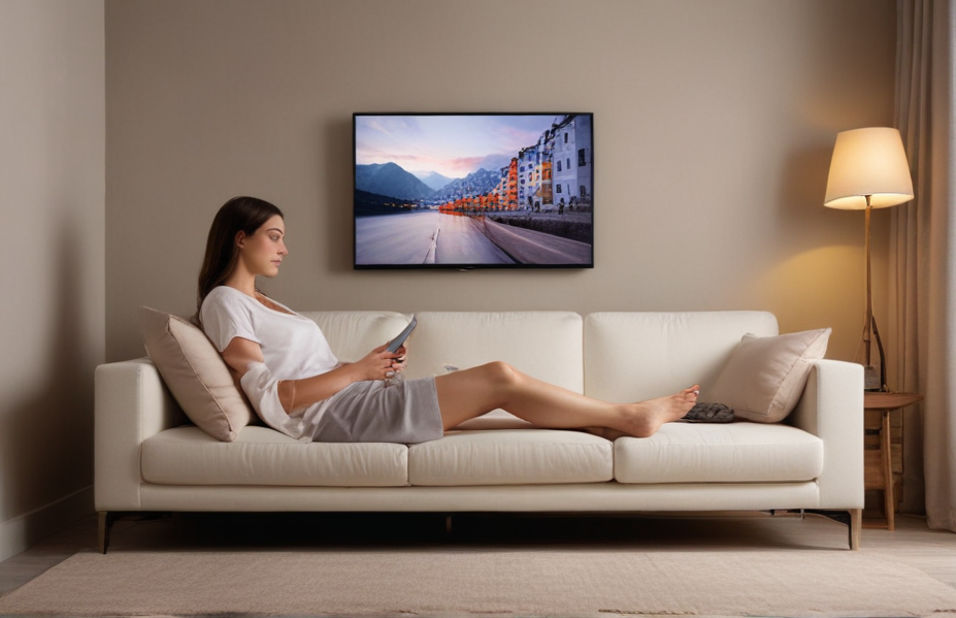 A woman sitting comfortably on a modern couch, her legs tucked beneath he while watching on a wall-mounted TV.