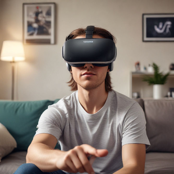 A fan wearing VR goggles, immersed in a live sports broadcast from their living room.