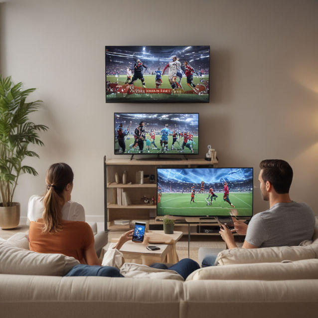 A vibrant living room scene with a family watching an EPL match on a smart TV, surrounded by gadgets like a smartphone, tablet, and laptop streaming the game simultaneously.