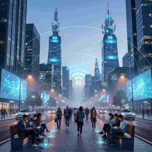 Cityscape showing 5G towers with digital Wi-Fi network overlay, people using laptops, smartphones, smart devices in urban environments, futuristic technology visualization, modern connectivity concept.