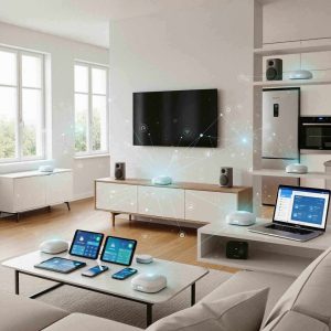 Modern home interior with mesh Wi-Fi devices, multiple connected smart devices including phones, laptops, and smart appliances, digital network graphics overlay, futuristic technology concept, clean and bright environment.

