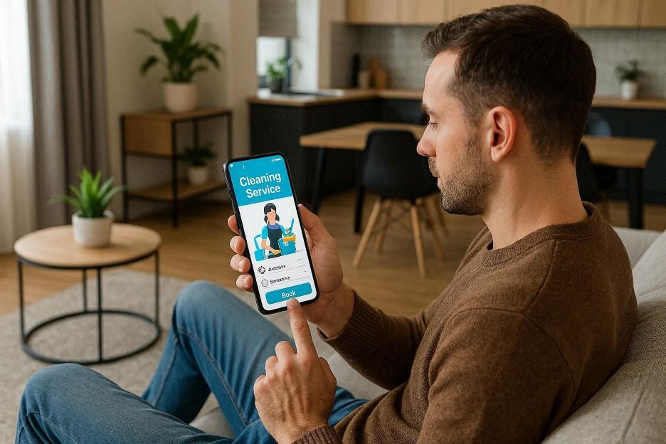 Homeowner booking a cleaning service through a smartphone