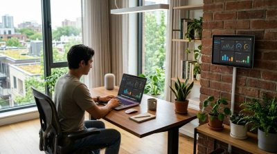 A modern connected home or office using smart technology to monitor energy and resource consumption, laptop, wireless devices